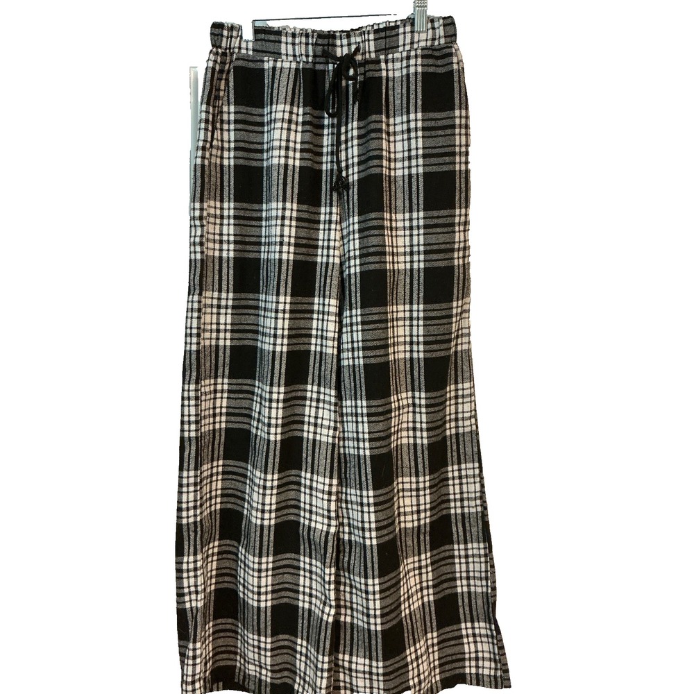 EDIKTED Flannel Baggy Leg Pants Women Black Plaid Wide Cotton Sweatpants Size XS